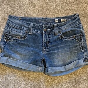 Miss Me Blue Denim Rolled Hem Jean Shorts with Stud Accents